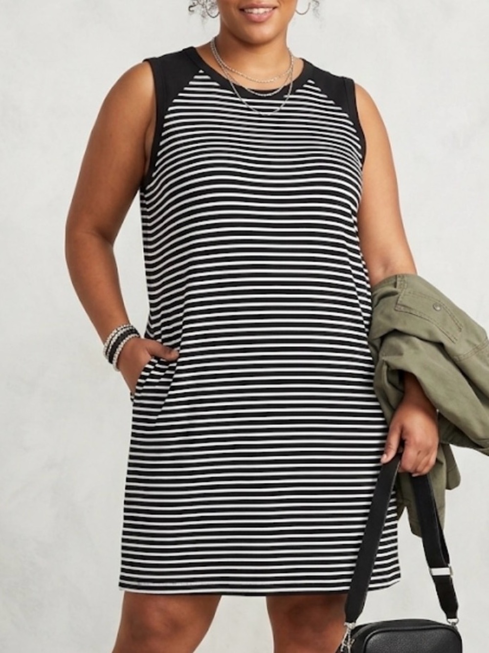 Evereve Black White Striped Sleeveless Tank Dress T-Shirt Dress Cotton Jersey XL